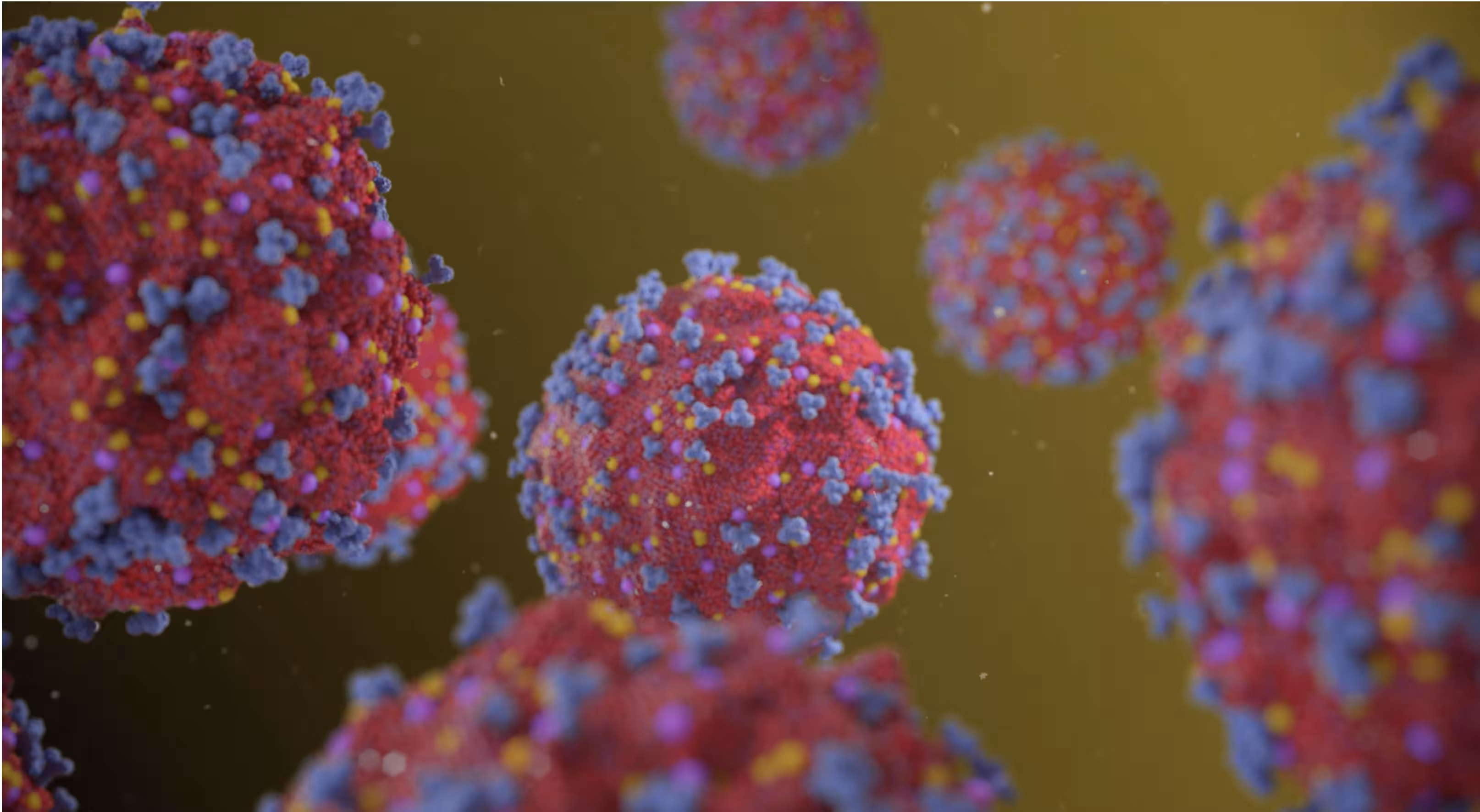Microscopic 3D rendering of colorful virus particles floating in a fluid environment.