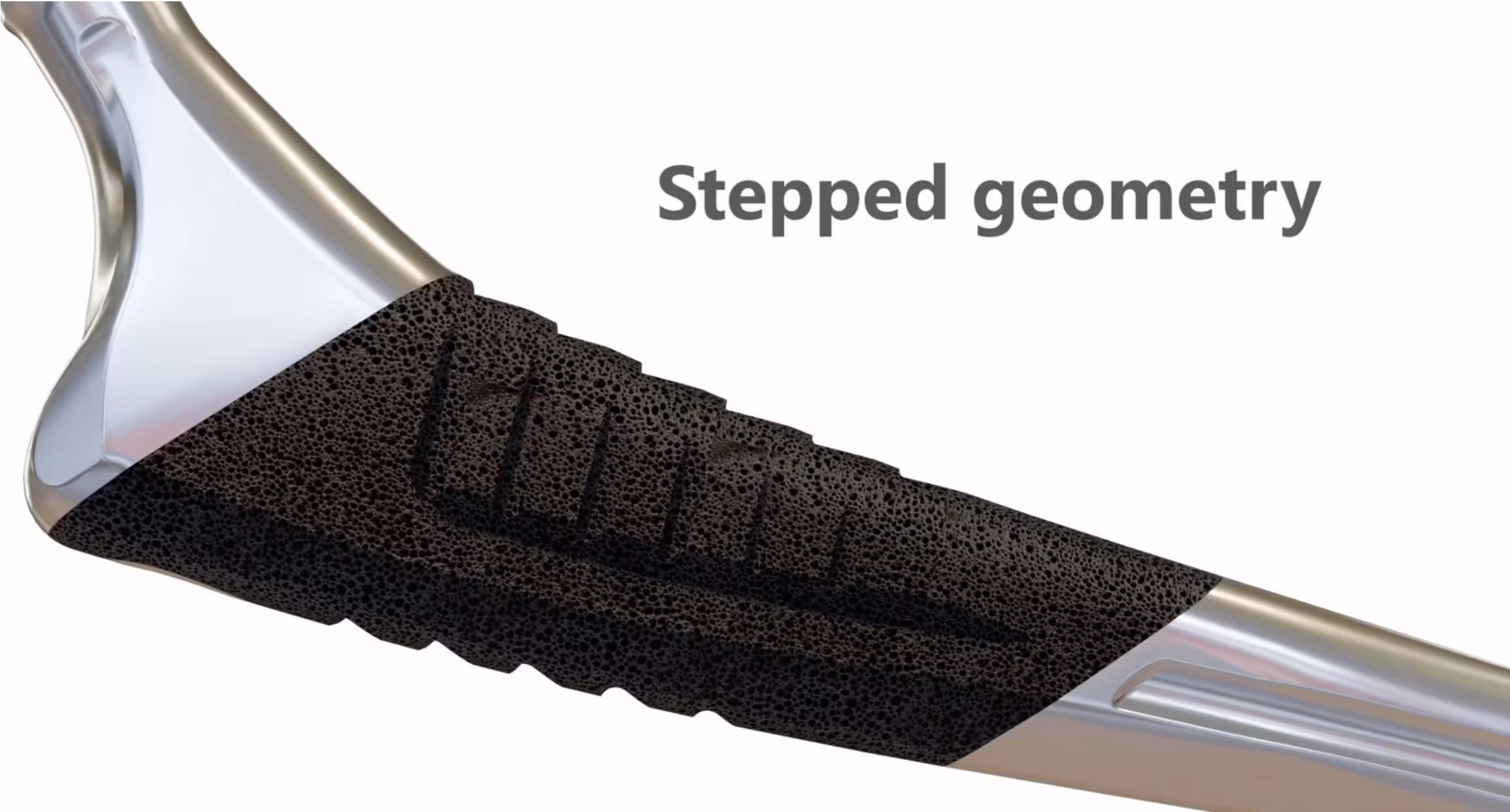 Close-up of a textured implant surface labeled “Stepped geometry,” showing detailed surface structure.