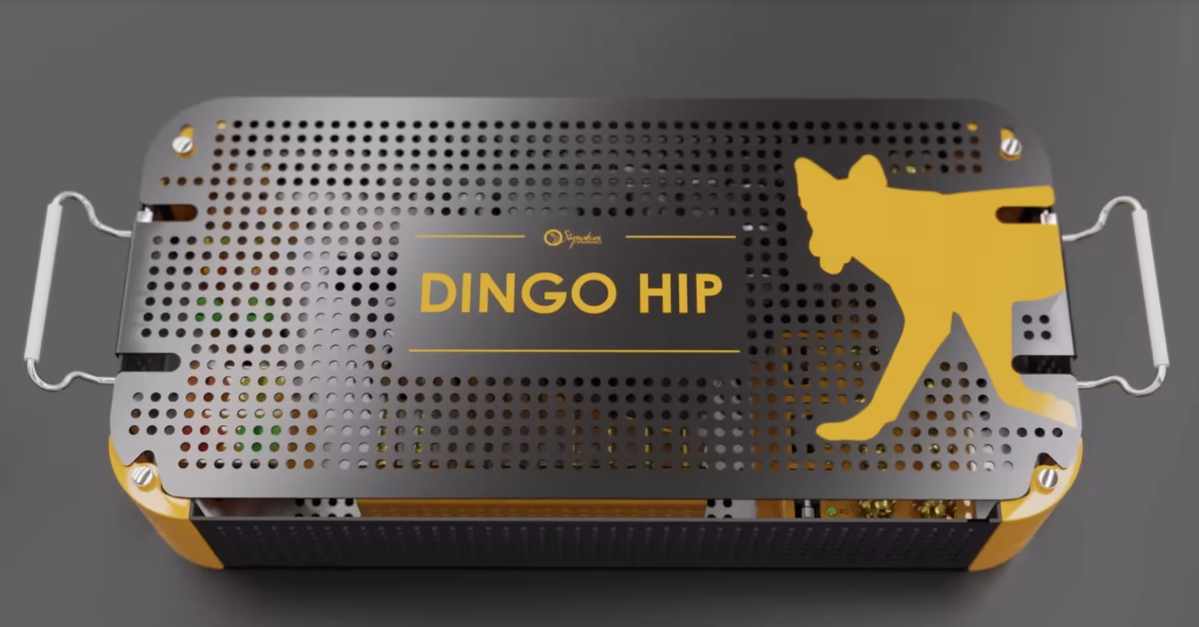 Metal orthopedic surgical instrument case labeled “DINGO HIP” with a kangaroo logo on a perforated lid.