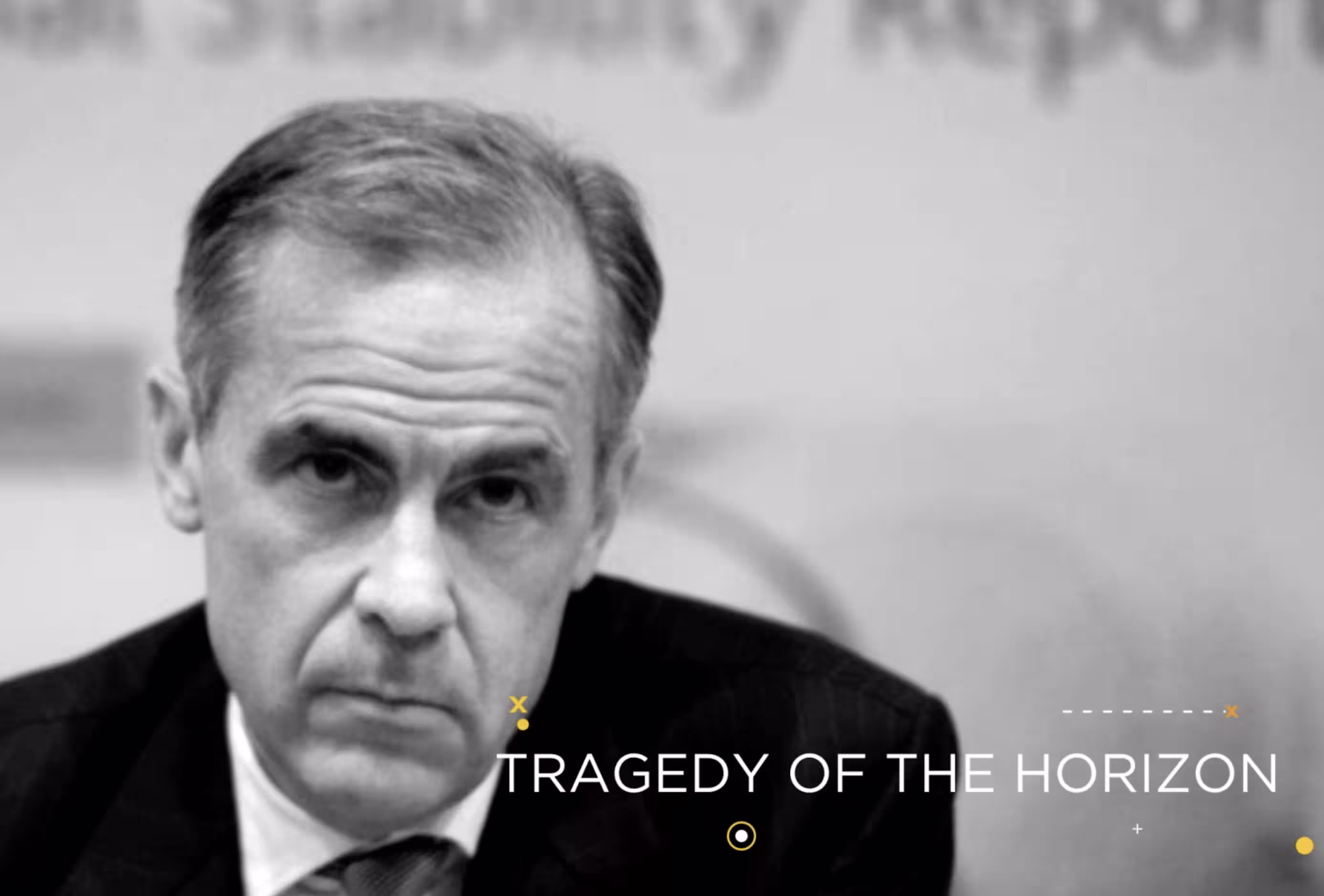 Black-and-white portrait of a Prime Minister Mark Carney with the words “Tragedy of the Horizon” displayed on screen.