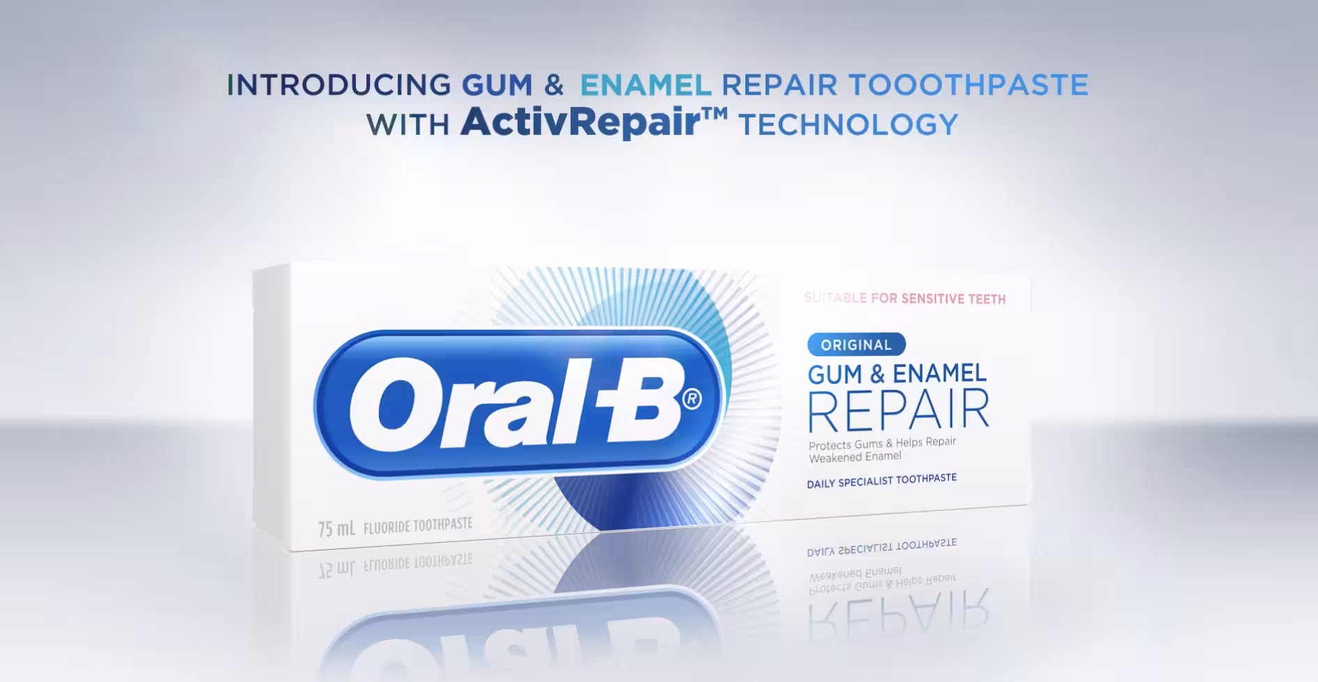 Oral-B Gum & Enamel Repair toothpaste packaging displayed with ActivRepair™ technology branding.