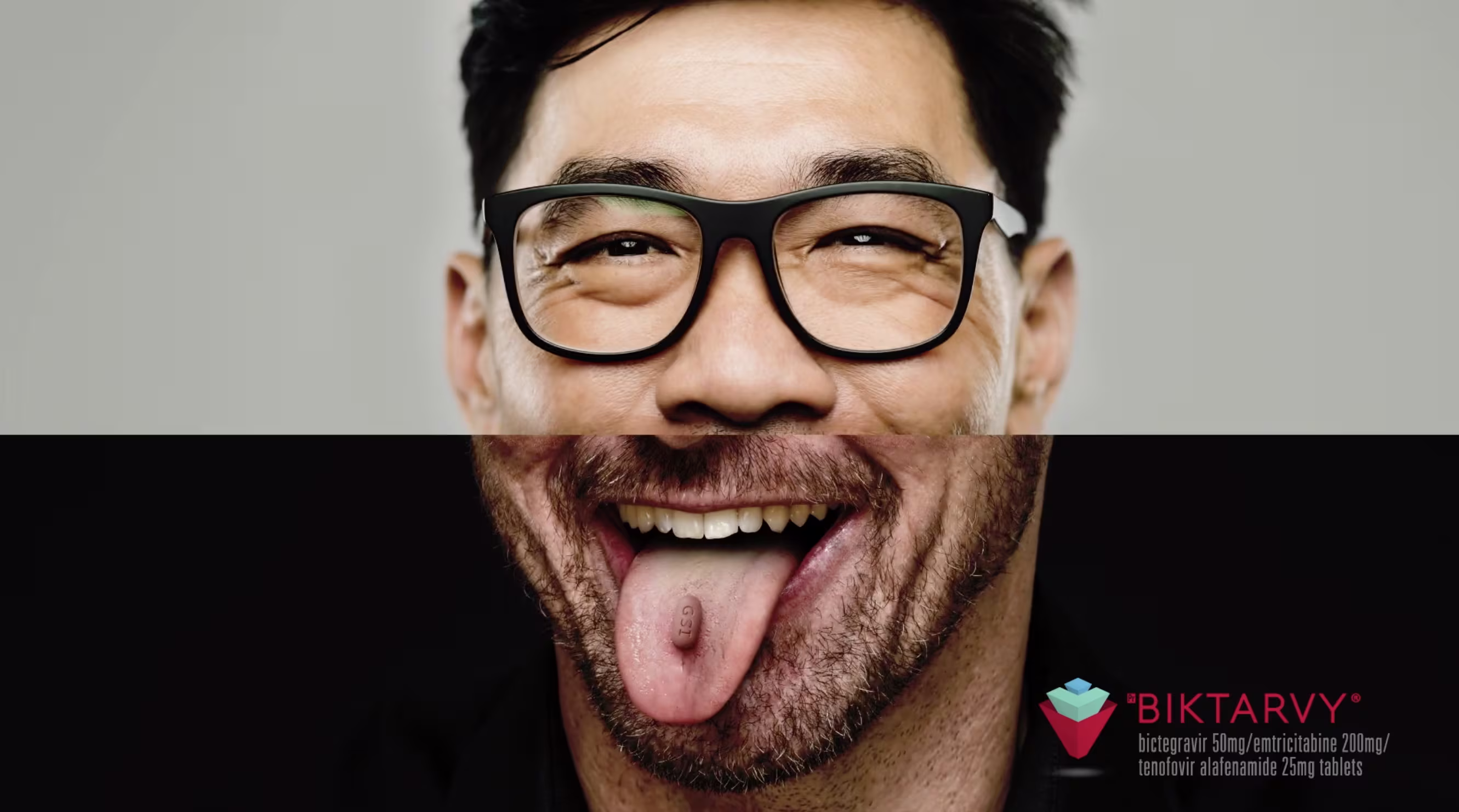 Smiling man wearing glasses sticking out his tongue with a pill resting on it.