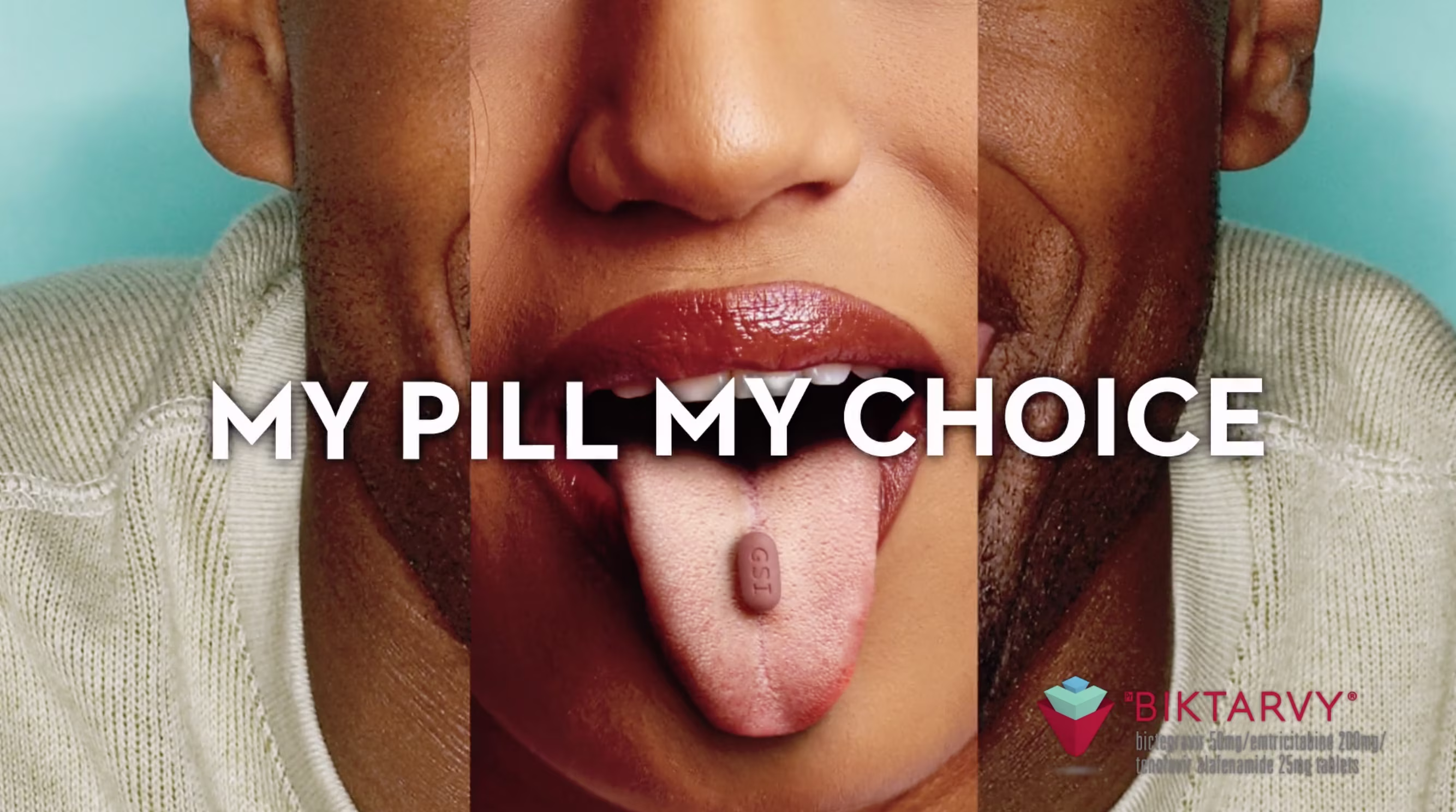 Close-up split image of a person sticking out their tongue with a pill and text reading “My Pill My Choice.