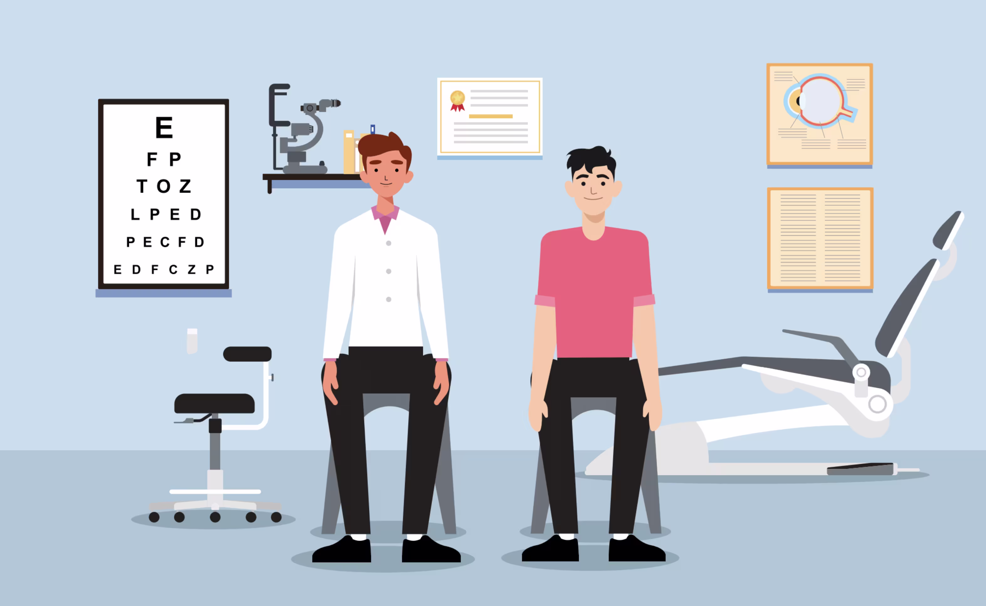 Illustration of two patients standing in an eye examination room with vision charts and diagnostic equipment.
